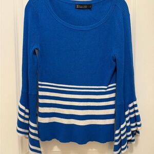 New York & Company Bell Sleeve Blue and White Striped Sweater Small
